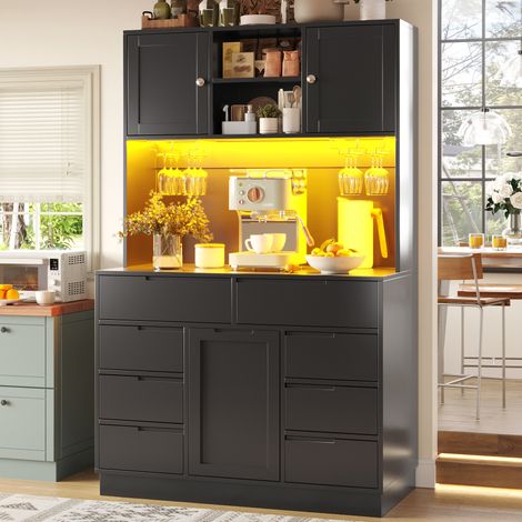 Armoire haute moderne, meuble de cuisine avec éclairage LED intelligent, armoire haute pour le salon, 8 tiroirs, fermeture magnétique, étagères réglables en hauteur, 120 × 40 × 183,5 cm, noire (1/5)