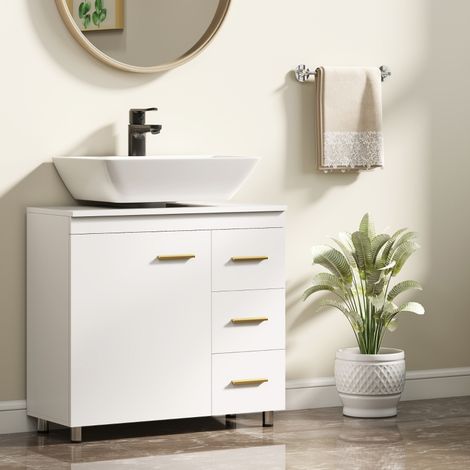 Waschbeckenunterschrank MDF & Spanplatte Weiß 70 x 30 x 65 cm mit 3 Schubladen und Soft-Close-Türen