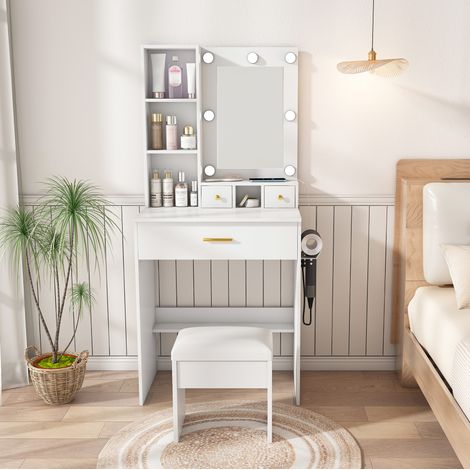 Muebles de tocador con espejo LED, enchufe, soporte para secador de pelo, cajones y estantería, blanco (1/5)