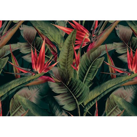Papier peint panoramique jungle idéal chambre Tapisserie panoramique exotique vert & rouge Papier peint panoramique exotique pour cuisine (1/2)