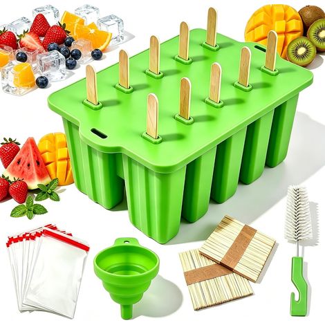 Moule Glace 10 Cavités, Avec 100 Batonnet Glace, un couvercle Brosses Et Entonnoirs Pliants, Sans BPA Silicone Moule à Glace Pour Glace,100 Sachets pour glaces (1/5)
