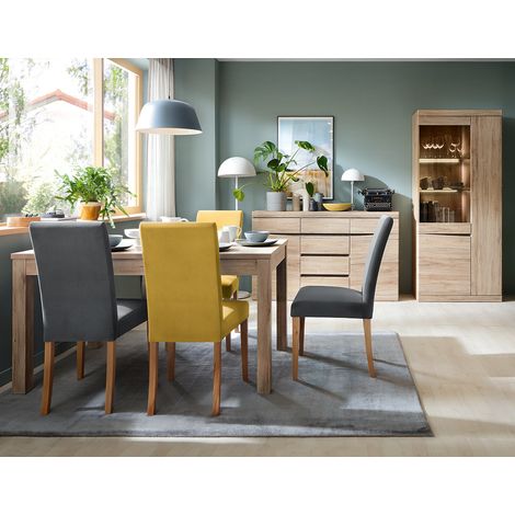 Esszimmer Set Esstisch 140-180 cm, Sideboard, Vitrinenschrank mit Beleuchtung SANFORD-129 in Eiche hell Nb. (1/5)