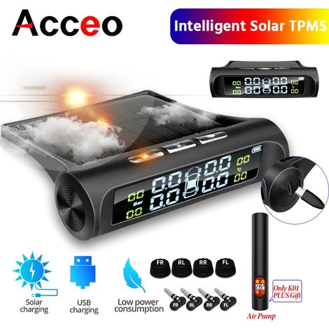(K01 PLUS) Système de sécurité automobile avec capteurs, alarme de pression des pneus, alimentation solaire, affichage numérique, système de surveillance de la pression des pneus et pompe à air. (1/5)