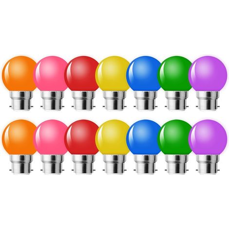 Lot de 14 Ampoule LED Couleur B22 Baïonnette,Ampoule Guirlande Exterieure,Ampoules B22 LED 2W G45,Multi Colore,Équivalent 10W,Rouge Jaune Bleu Vert Orange Rose Violet,Pour Chaîne,Noël,Veilleuse (1/5)