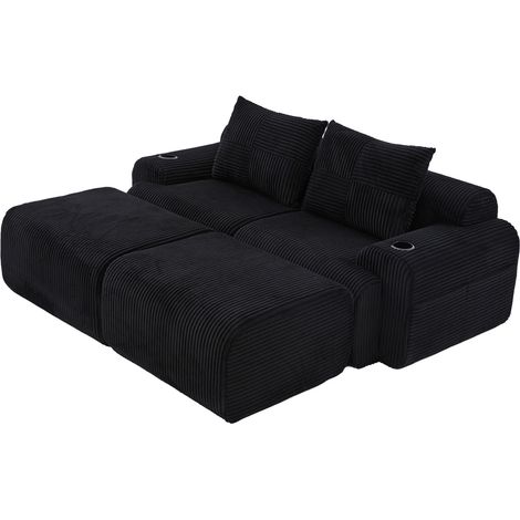 Divano modulare 2 posti 200x174 cm in tessuto a coste nero con portabicchieri - CHICFURN (1/5)