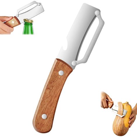 Éplucheur Légumes Multifonction, Couteau Éplucheur en Acier Inox avec Manche en Bois, 2 en 1 Econome Legumes & Ouvre-Bouteille, pour Épluchage sans effort des pommes, terre, carottes (1/5)
