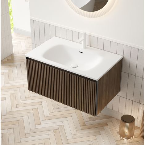Mueble de baño suspendido 80 cm con lavabo cerámico blanco, acabado roble marrón y cajón, montado (1/5)