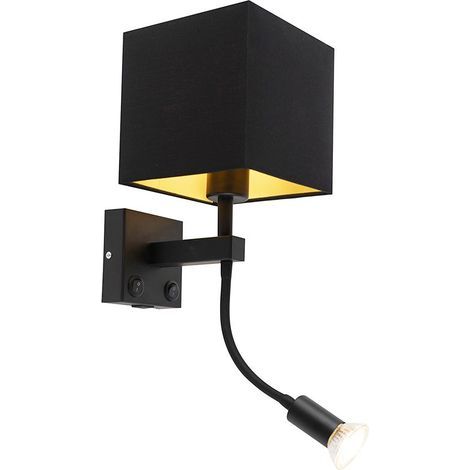 AMXCNOY Applique murale moderne noire avec port USB, abat-jour carré doré, bras de lecture flexible compatible GU10, éclairage d’intérieur pour salon et chambre (1/5)