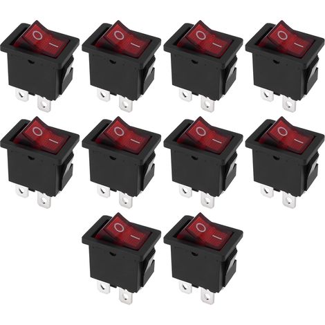 Lot de 10 interrupteurs à bascule DPST 4 broches 6 A 250 V lumineux (rouge) KCD1-104 pour voiture et marine (21 x 15 mm) (1/5)