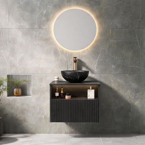 Meuble vasque suspendu 60cm noir céramique LED 60 x 46 x 60,8 cm (1/5)
