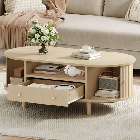 Tavolino da caffè ovale 100x50x36 cm, con cassetto, anta scorrevole, 4 gambe, MDF, effetto legno (1/5)