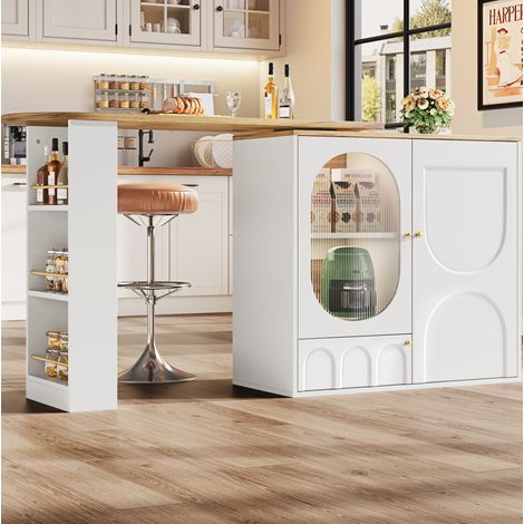 Table de bar rotative 360° en MDF blanc et métal 138x39x105 cm, extensible jusqu’à 204 cm avec rangement (1/5)