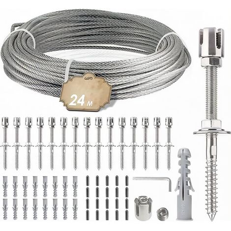 Treillis métallique pour plantes grimpantes, ensemble robuste en acier inoxydable avec 24 m de treillis en acier inoxydable (corde en acier de 3 mm) et 16 supports pour plantes grimpantes, jardin, mur (1/5)