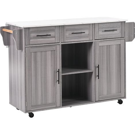 Grand chariot de service/buffet 139x46(71)x91,5 cm, corps en placage de bois massif gris + décoration en placage marbre blanc pour le plateau, armoire/plan de travail rabattable/portes de rangement/r (1/5)