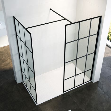 ELEGANT 900mm Black Framed Walk in Shower Screen 8mm Tempered Glass Wet Room 900mm Panel Shower Enclosure 1700x900mm Tray + Waste Trap (1/5)