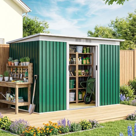 Cabane de Jardin en Tôle d'Acier avec Portes Coulissantes, 280x130x172cm, Vert Foncé (1/5)
