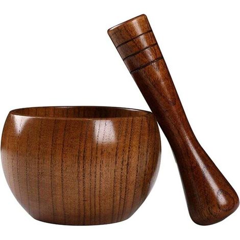Mortier et pilon en bois d'olivier, ensemble mortier et pilon, mortier et pilon en bois rétro (1/4)