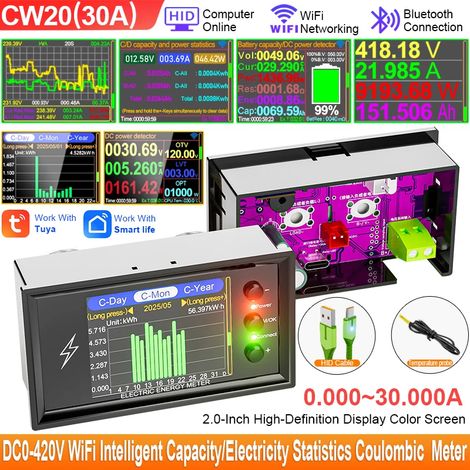 Testeur de capacité de batterie au lithium numérique intelligent Tuya CW20 DC0-420V WiFi avec affichage de la tension, du courant et de la puissance CC (Coulomb-mètre) (1/5)
