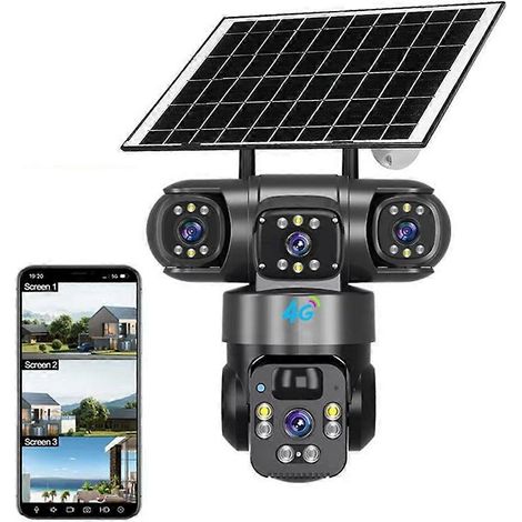 Caméra de sécurité solaire panoramique à 360° avec 3 écrans 6 MP Wi-Fi 4G détection humaine par IA vision extérieure multicolore (1/5)