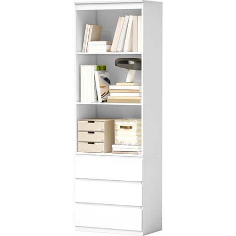 Hohes Bücherregal 180 cm, 3 Regalböden und 3 Schubladen, 60 x 35 x 180 cm, weißes Holz