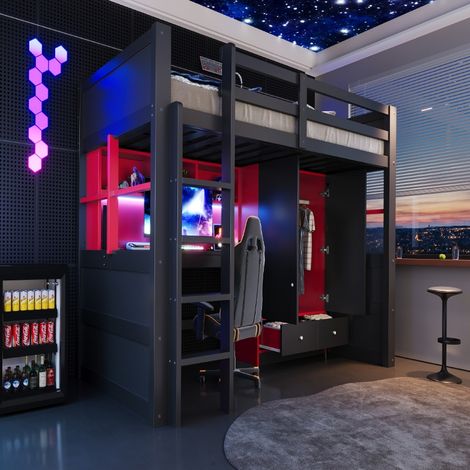 Hochbett 90x200 cm mit Schreibtisch, Kleiderschrank und Schubladen, Gaming-Bett aus Holz mit LED-Beleuchtung und Steckdosen, Schwarz-Rot (1/5)