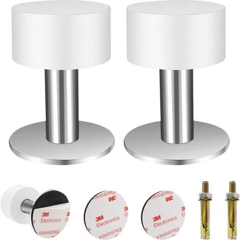 Butée de Porte Murale en Acier Inoxydable 304, 2 Pcs (Blanc/Argent) Autocollante, Perçable, 40 mm de Diamètre, avec 2 Vis de Tension et 2 Adhésifs, pour l'Installation Murale et au Sol (1/5)