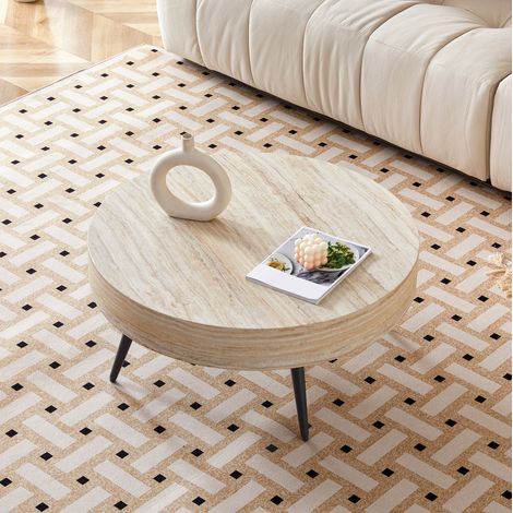 Table basse ronde 70 cm noir et bois en MDF et métal avec pieds réglables et bords arrondis (1/5)