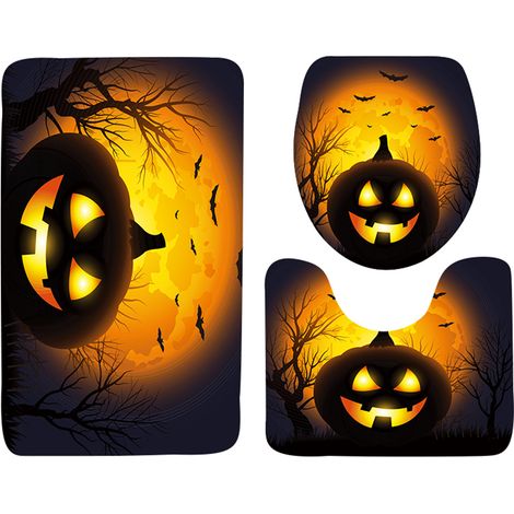 Juego de 3 piezas para la decoración del baño con temática de Halloween: alfombrilla antideslizante para el suelo, alfombrilla de baño para la bañera y funda para el asiento del inodoro. (1/5)