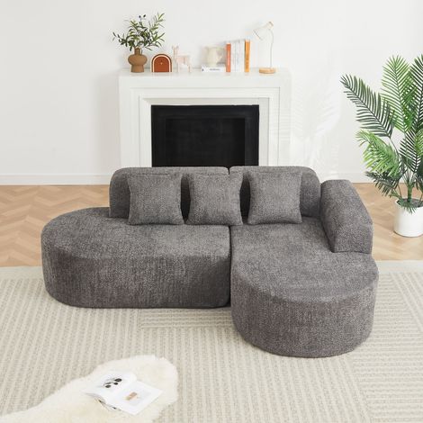 Canapé d’angle droit 3 places 222x157 cm - Méridienne droite, design arrondi Wabi-Sabi, 3 coussins inclus, canapé chenille Gris (1/5)