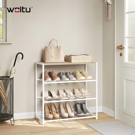WOLTU Shoe Rack, 4-Tier Shoe Organizer Shelf, with Wooden Top, Shoe Storage Organiser for Entryway, Hallway, Dorm Room, Light Oak + White (1/5)