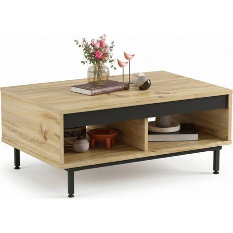 Table Basse 2 Niches Chêne et Noir Pieds Métalliques L 90 H 37.6.1 P 60 cm (1/5)