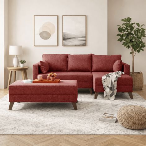 Schlafsofa aus rotem Stoff – Ecksofa inklusive Ottomane – Rechts
