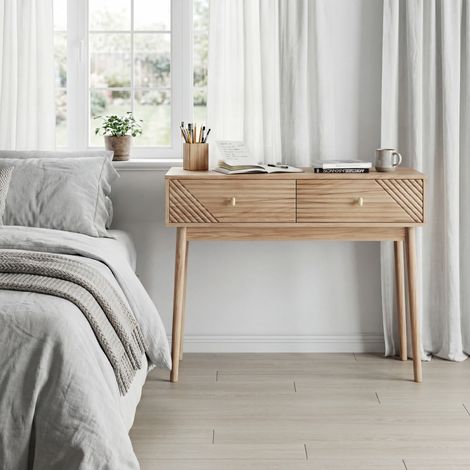 Schreibtisch/Konsolentisch im Mid-Century-Modern-Stil, mit Schubladen und offenen Regalen, Vintage-Design, geeignet für Wohnzimmer, Foyer & Flur, Eichenfarbe