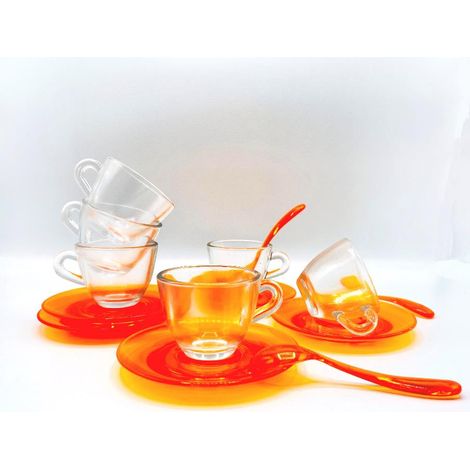 Set 6 Tazze Tazzine caffe' in vetro con piattini e cucchiaini in plastica arancio (1/2)