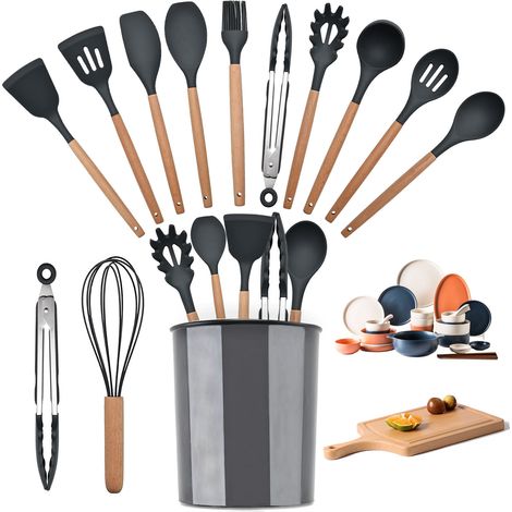 Juego de 12 utensilios de cocina de silicona con mango de madera, resistentes al calor, antiadherentes y fáciles de limpiar. (1/5)