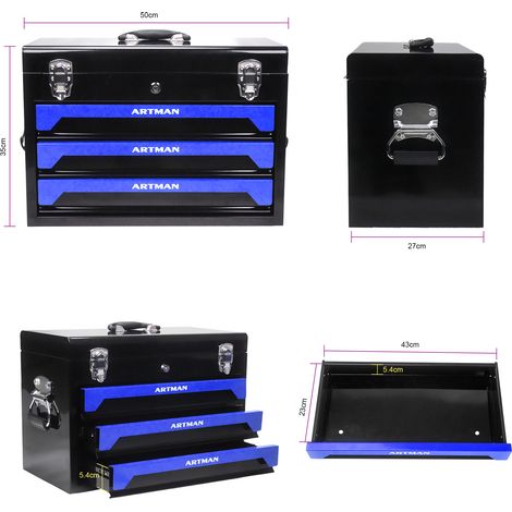 Boîte à outils portable 3 couches 20 pouces avec 4 niveaux de rangement. Loquets métalliques robustes pour garage et atelier,noir et bleu. (1/5)