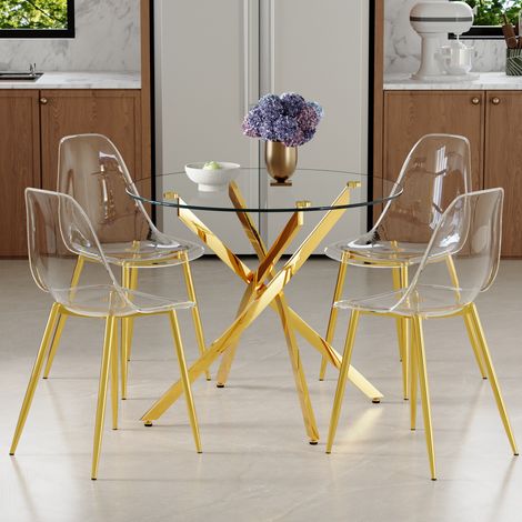 table repas ronde 88 cm verre trempe 4 chaises transparentes OKMYHOME (1/5)