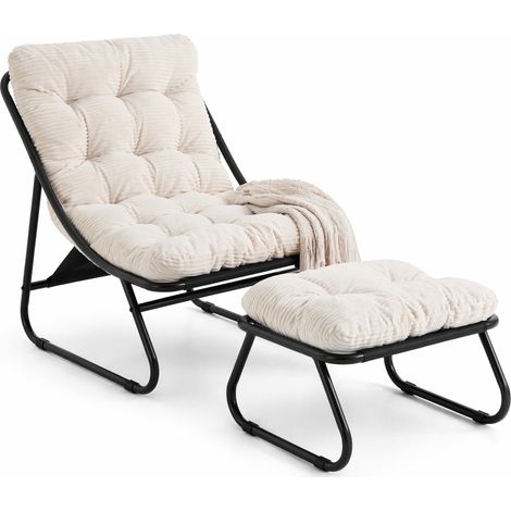 Salon de Jardin 1 Place en Acier avec Chaise Longue, Pouf et Coussin Confortable, Blanc