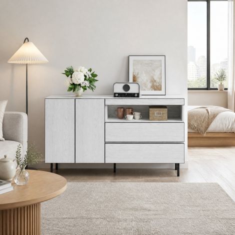 Aparador CHICFURN 140 x 42 x 77 cm blanco, 2 puertas, 2 cajones y huecos abiertos (1/5)