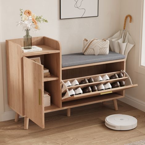 Schuhschrank 100 cm, mit 2 Klapptüren, 1 offenes Ablagefach, graue Kissen, goldene Griffe, modern-minimalistisches Design, Naturholz