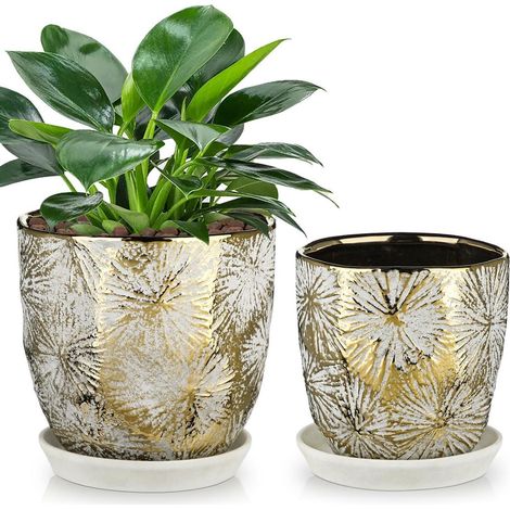 2er-Set Keramik Blumentöpfe mit Ablaufloch, Ø 14.5cm+12cm, Gold/Silber (1/5)