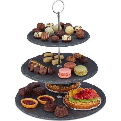 Relaxdays Etagere, 3 Etagen, Schiefer, Kuchen, Snacks, Obst, Metallgriff, Servierständer, HxD 34x30 cm, anthrazit/silber (1/5)