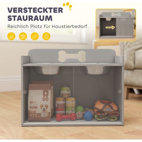 Station de repas surélevée pour chien avec 2 bols en inox et rangement, MDF, motif os, gris (1/4)