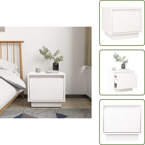 The Living Store Comodino Bianco 35x34x32 cm in Legno Massello di Pino - Comodino moderno