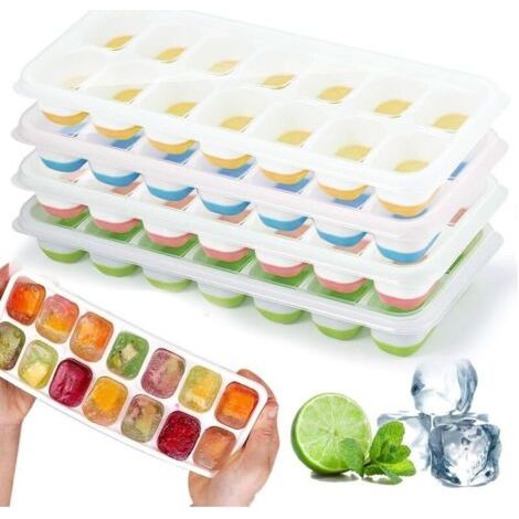 Pièces bacs à glaçons en silicone avec couvercle,Moule à Glaçons,Sans BPA,bacs à glaçons carrés faciles à retirer(1 Vert+1 Bleu+1 Rose+1 Jaune)