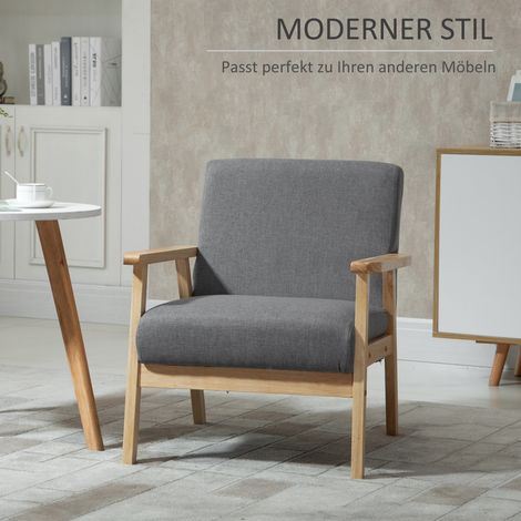 Fauteuil scandinave en bois massif, chaise d'appoint gris et naturel style lin, dimensions 64x70x72 cm (1/4)