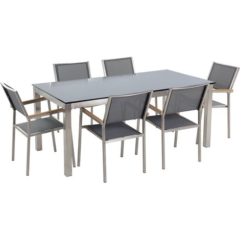 Set da Giardino Tavolo Piano in Vetro Nero e 6 Sedie Grigie 180 x 90 cm Grosseto (1/5)