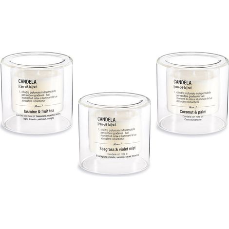 Candele profumate in vasetto di vetro doppio fondo con scritte, set da 3 pezzi, Ø 8 cm x 7,5 H