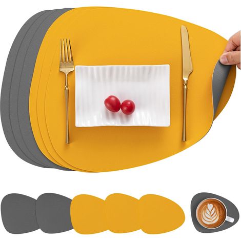 Set de table double face antidérapant, lavable et imperméable, gris et jaune, lot de 6. (1/5)
