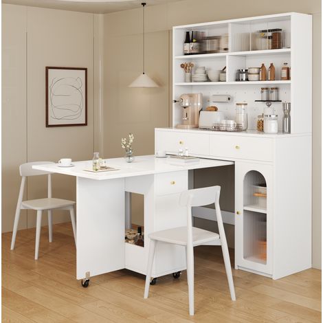 Conjunto de armario de cocina y mesa abatible MDF blanco, 120x45x180 cm + 120x75x75 cm, con almacenaje y ruedas (1/5)